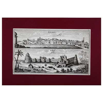 An 18th-century print of Banares and Agra within one frame