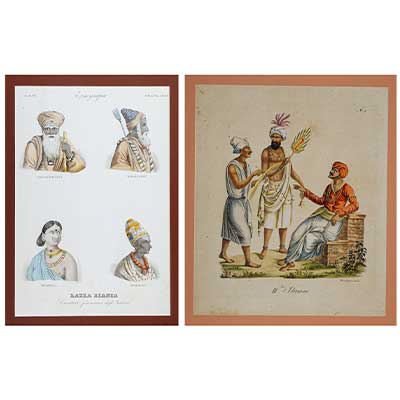 A Set of Two Hand-colored Engravings:  Bnografia Razza bianea & III Stamm [Three Hindu Priests]