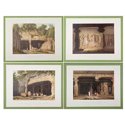 Four large hand colored lithographs of Elephanta Caves