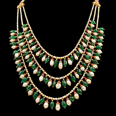 Trilara Haar or Three Strands Pearl and Emerald Necklace