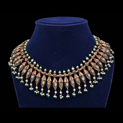 Spinel, Diamonds, Natural Basra Pearls Champakali Necklace