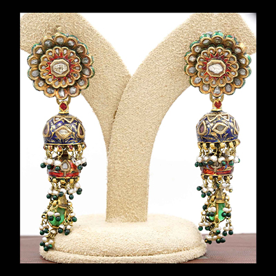 Gold, Diamond, Enamel Jhumka Earring Pair