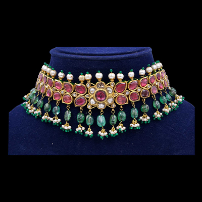 Gold. Spinel, Diamonds, Natural Basra Pearls and Emerald drop Guluband Necklace