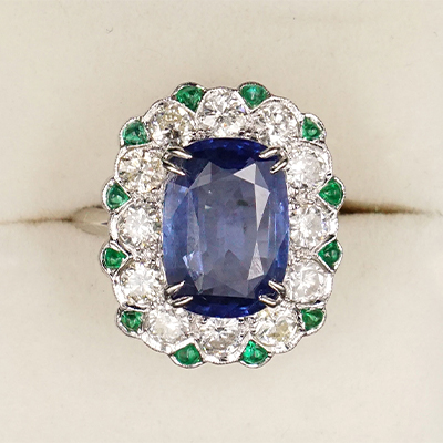 Blue Sapphire, Diamond and Emerald Gold Ring