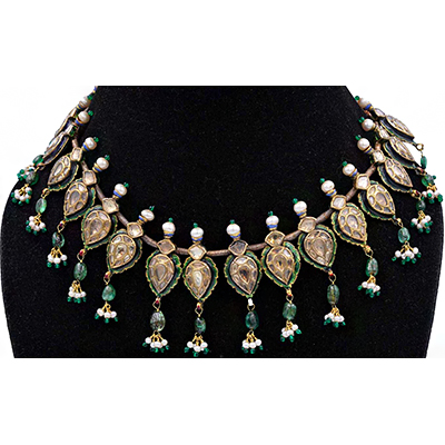 White Sapphire, Natural Basra Pearls and Emerald drops Necklace