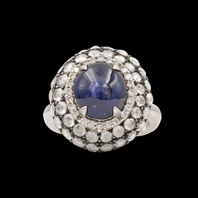 Blue Star Sapphire and Diamond Ring in White Gold