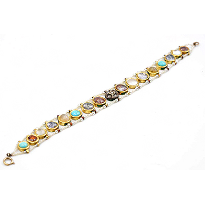 Multi Gem Gold Dasti Bracelet with Natural Pearls
