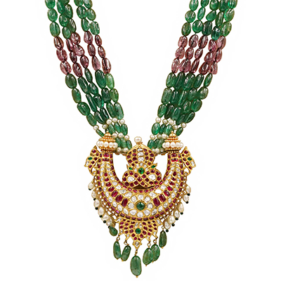 Emerald Beads and Spinel Necklace with Jadau Gold Pendant