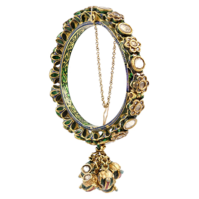 Gold Kada with Green Enamel and White Sapphire
