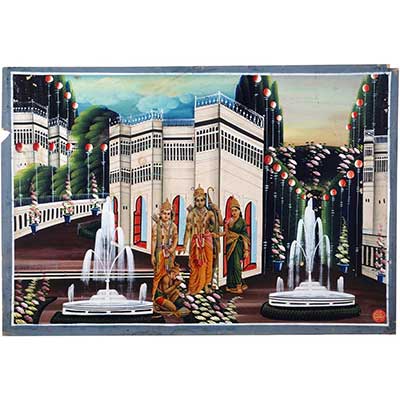 Hand Painted Water Color Painting with Printed Collage of Ram Darbar laid on it