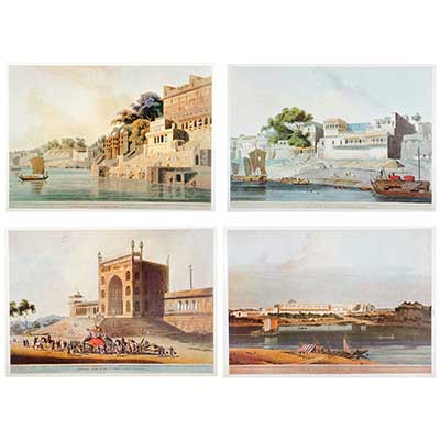 (i) Dusanumade Gaut at Bernarse on the Ganges (ii) Part of the City of Patna on the river Ganges (iii) Eastern Gate of The Jummah Musjid Delhi (iv) Palace of Nawaub Suja Dowla at Lucknow