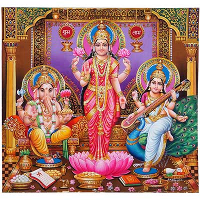 Hand Painted Laxmiji with Ganesh & Sarswati