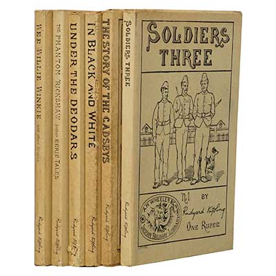 Scarce complete set of the facsimile reprints of six of the earliest books by Rudyard Kipling (i). Soldiers Three (ii). The Story of the Gadsbys. (iii). In Black and White. (Iv). Under the Deodars. (V). The Phantom Rickshaw & other eerie tales. (Vi). Wee 