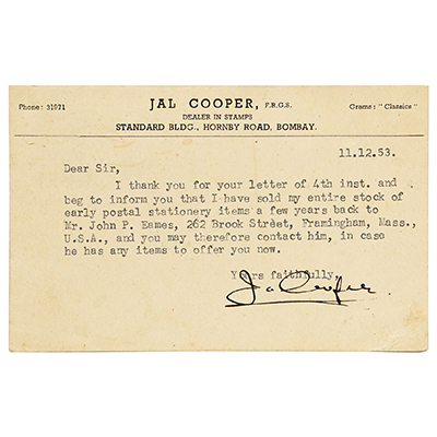 JAL COPPER SIGNED LETTER (FATHER OF INDIAN PHILATELY)